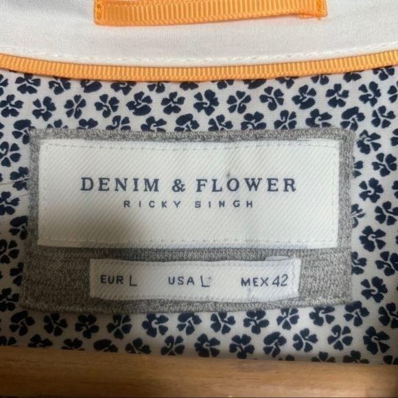 Denim & Flower Polo Shirt Light Heather Gray Contrast Breast Pocket Fitted LG - Picture 4 of 8